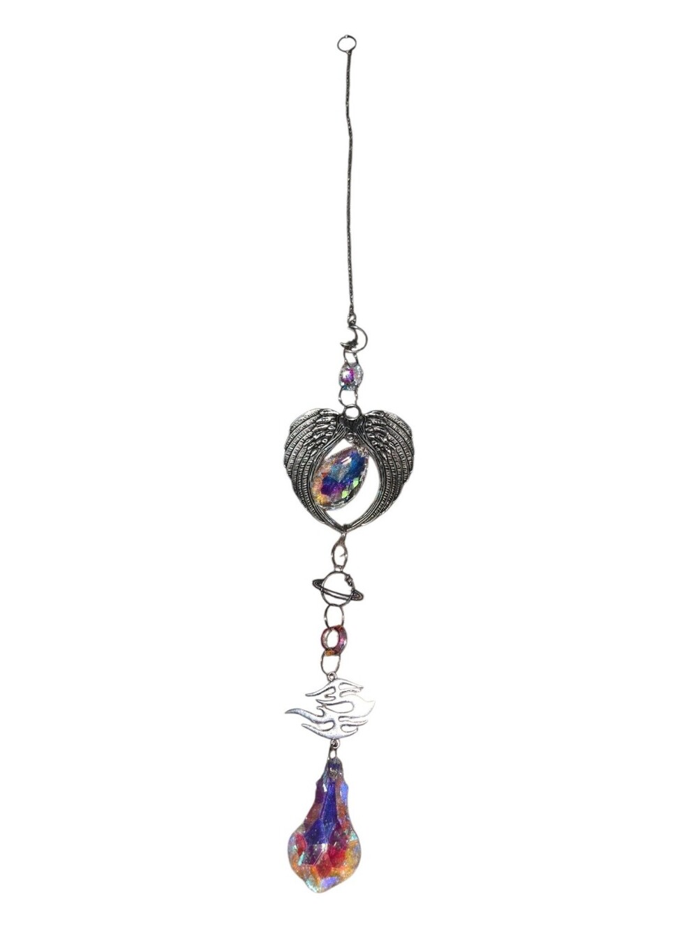 Handmade Crystal Angel Wing Planet Suncatcher • Rainbow Prism Boho Window Decor
